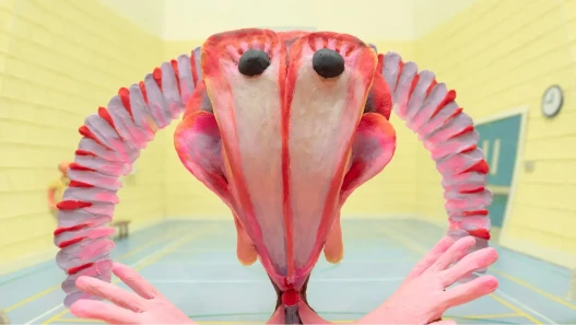 Pink animated creature in a yellow walled room with blue floors and yellow lines
