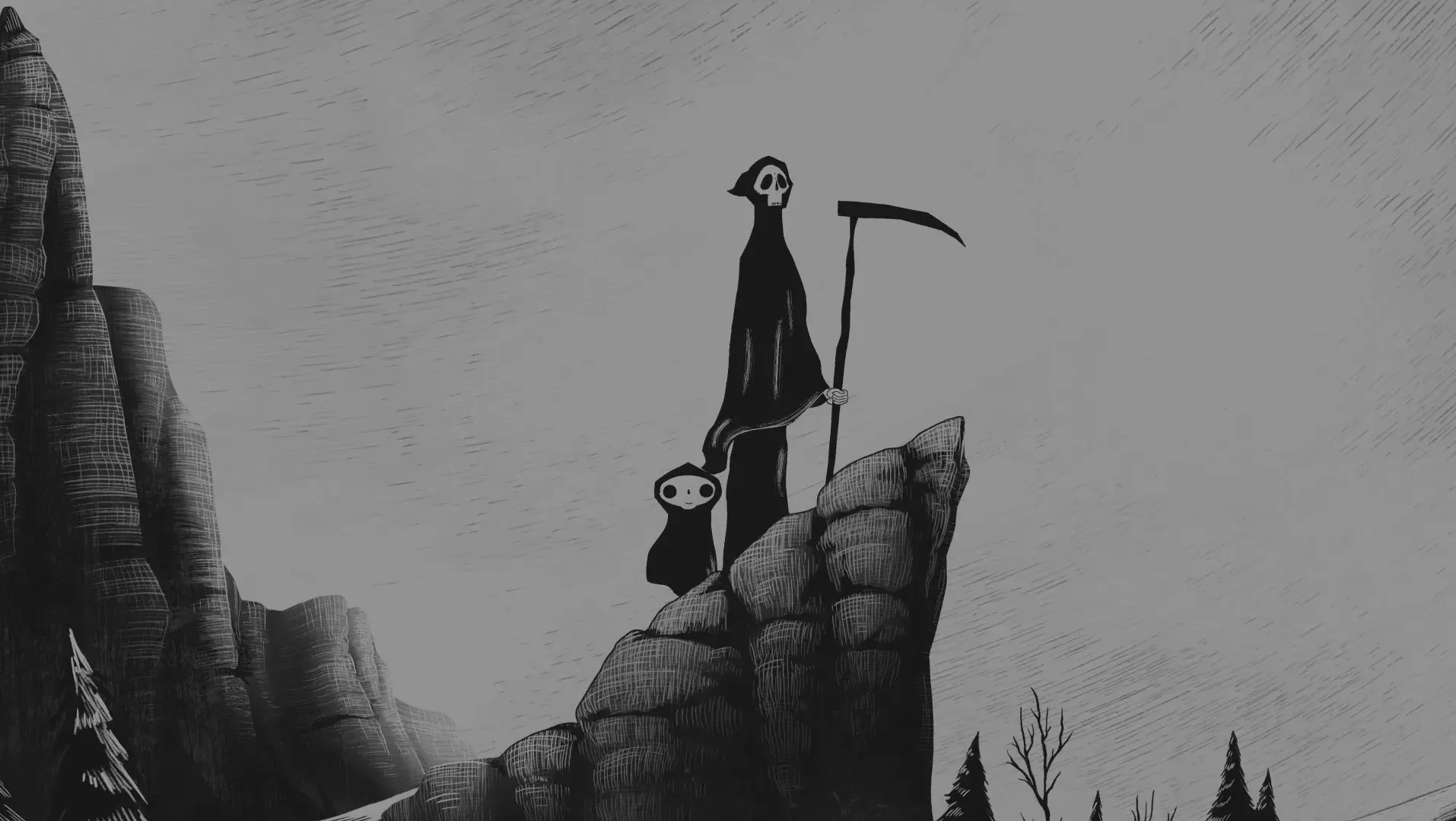 Animation image of two characters (Death and Little Death) standing on a cliff.