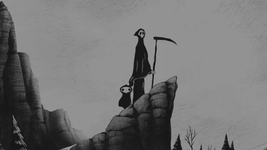 Animation image of two characters (Death and Little Death) standing on a cliff.