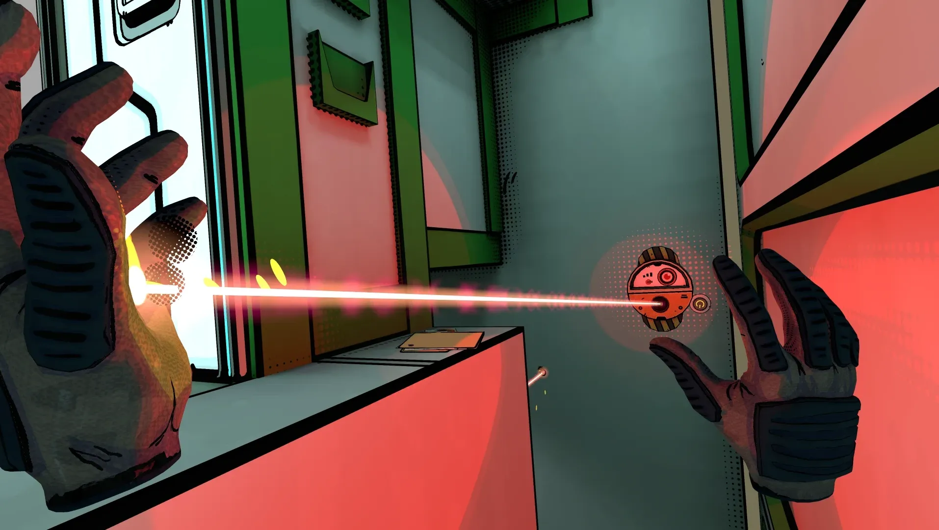 Comic book styling, with a robot lasering the players hand