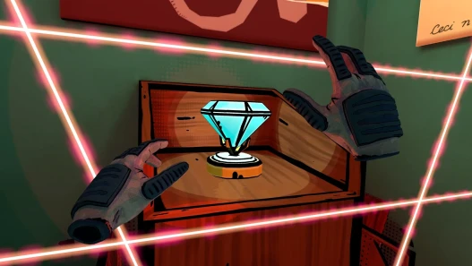 Comic book styling, hands reaching for a diamond through lasers