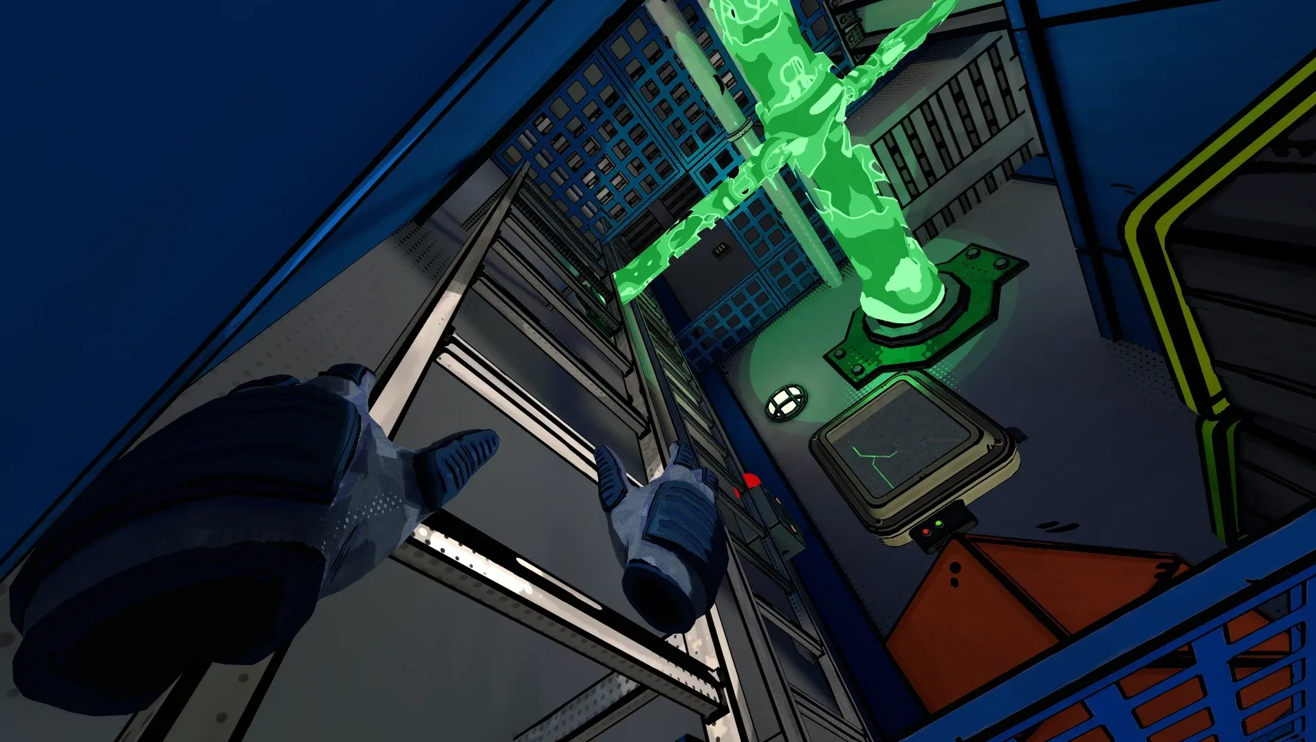 Comic book styling, climbing up a ladder with acid jets firing across the top