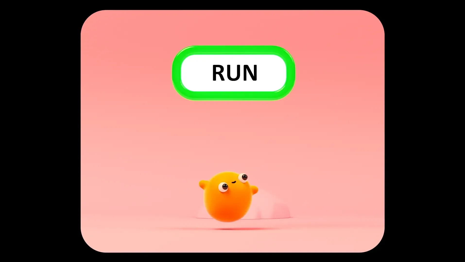A simple flat pink environment with a small, cute, orange blob character, bouncing screen right. Above them is a floating text box with the word 'RUN' written inside