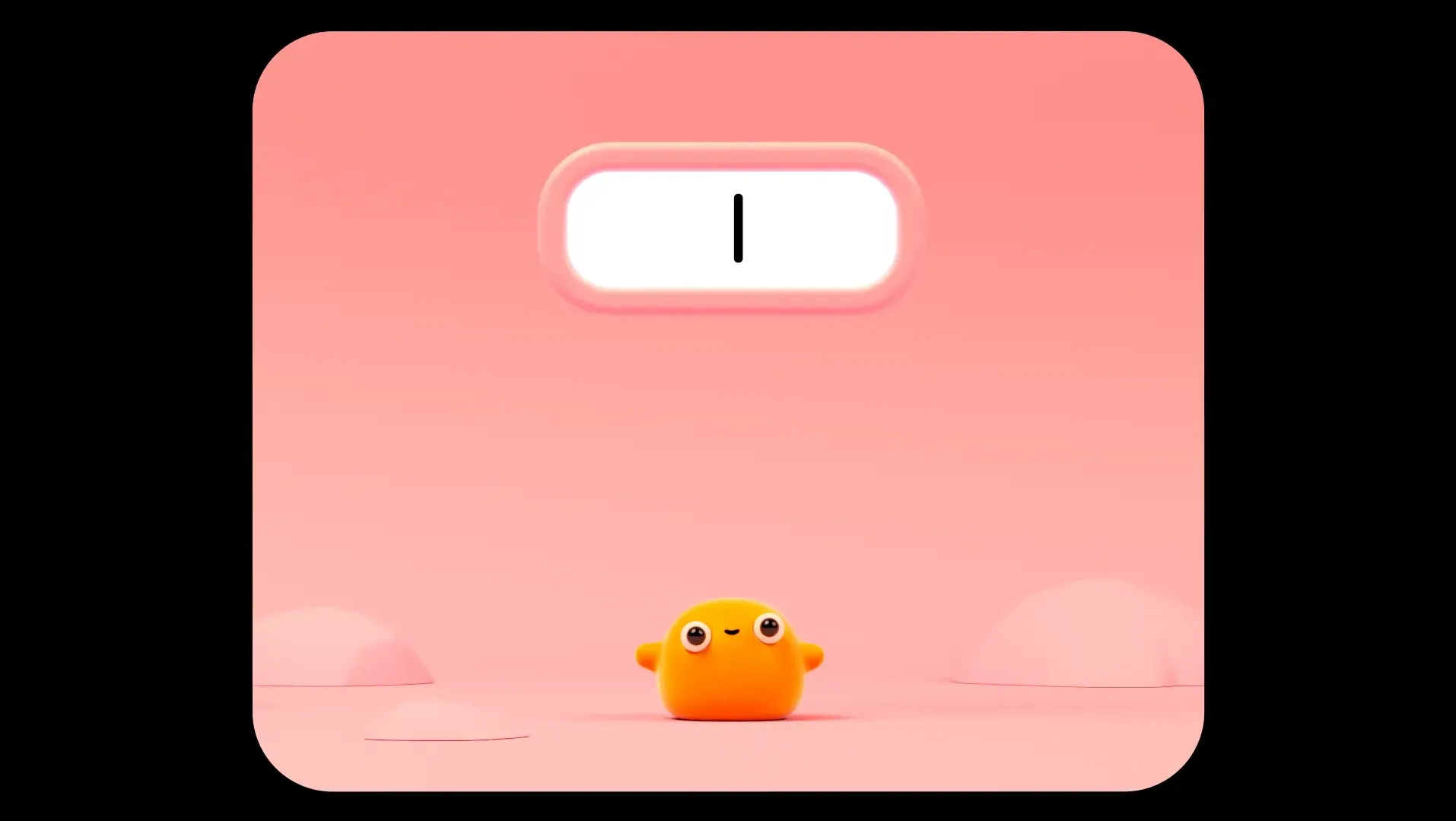 A small, cute, orange blob character is sat in a simple flat pink environment, looking at the viewer. Above them is a text box, floating