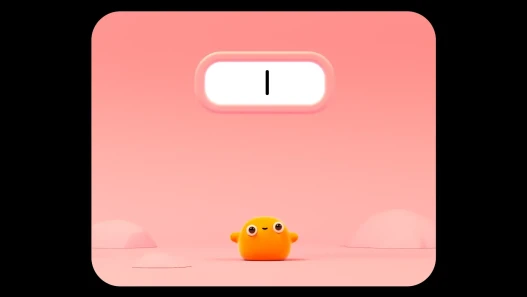 A small, cute, orange blob character is sat in a simple flat pink environment, looking at the viewer. Above them is a text box, floating