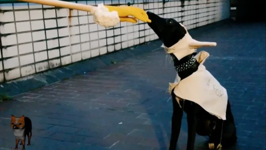 A dog in a crudely made fox costume is sat being fed by a yellow marigold glove on the end of a wooden pole.