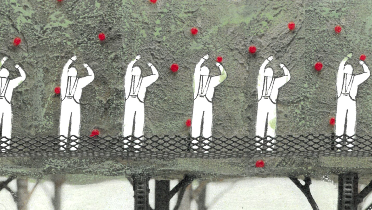 a line of a pen drawn people pick apples