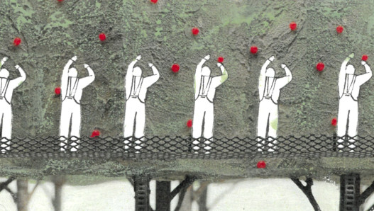 a line of a pen drawn people pick apples