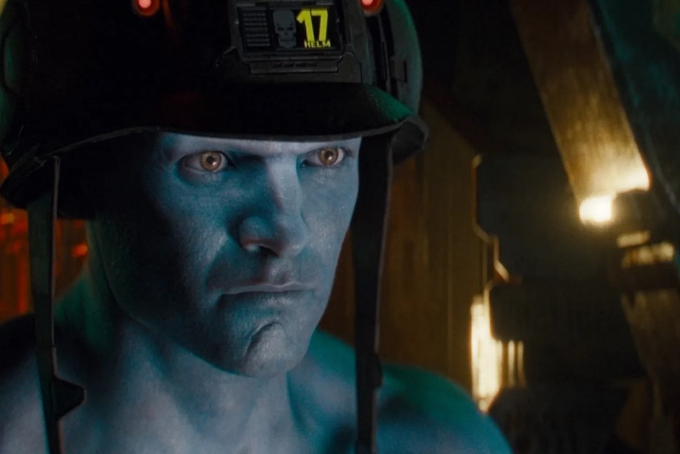 Animated soldier stares to the right of the camera