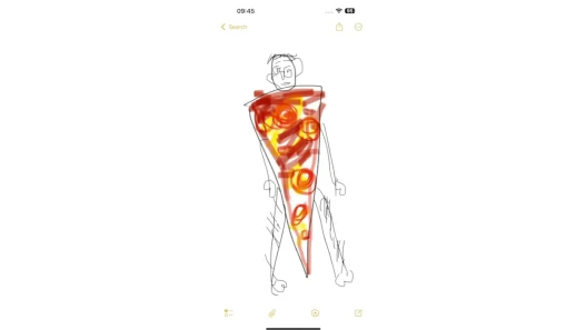 An iPhone Notes app sketch of a person wearing a costume designed to look like a slice of pepperoni pizza, covering the torso, throat, and head against a white background.