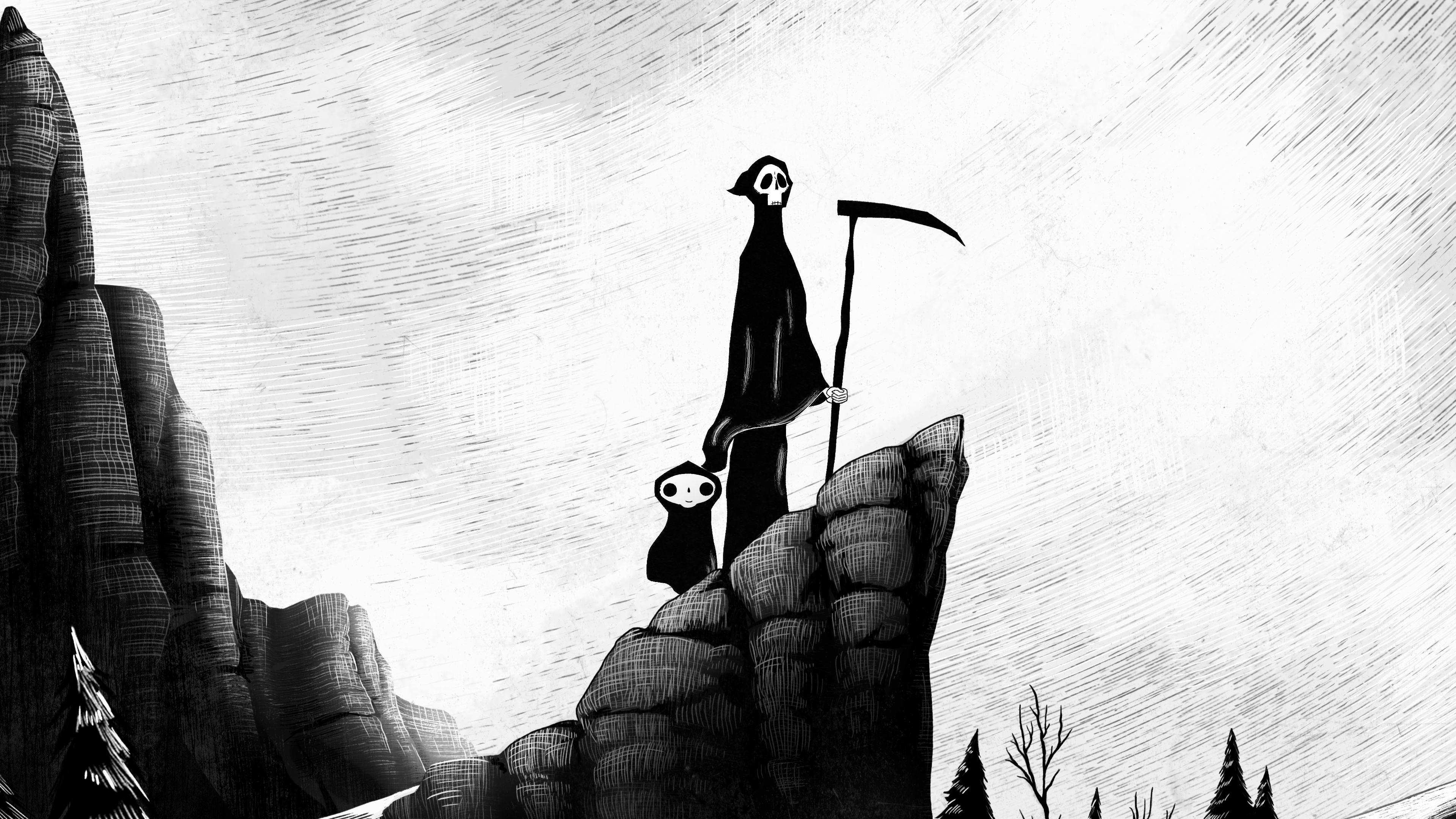 Animation image of two characters (Death and Little Death) standing on a cliff.
