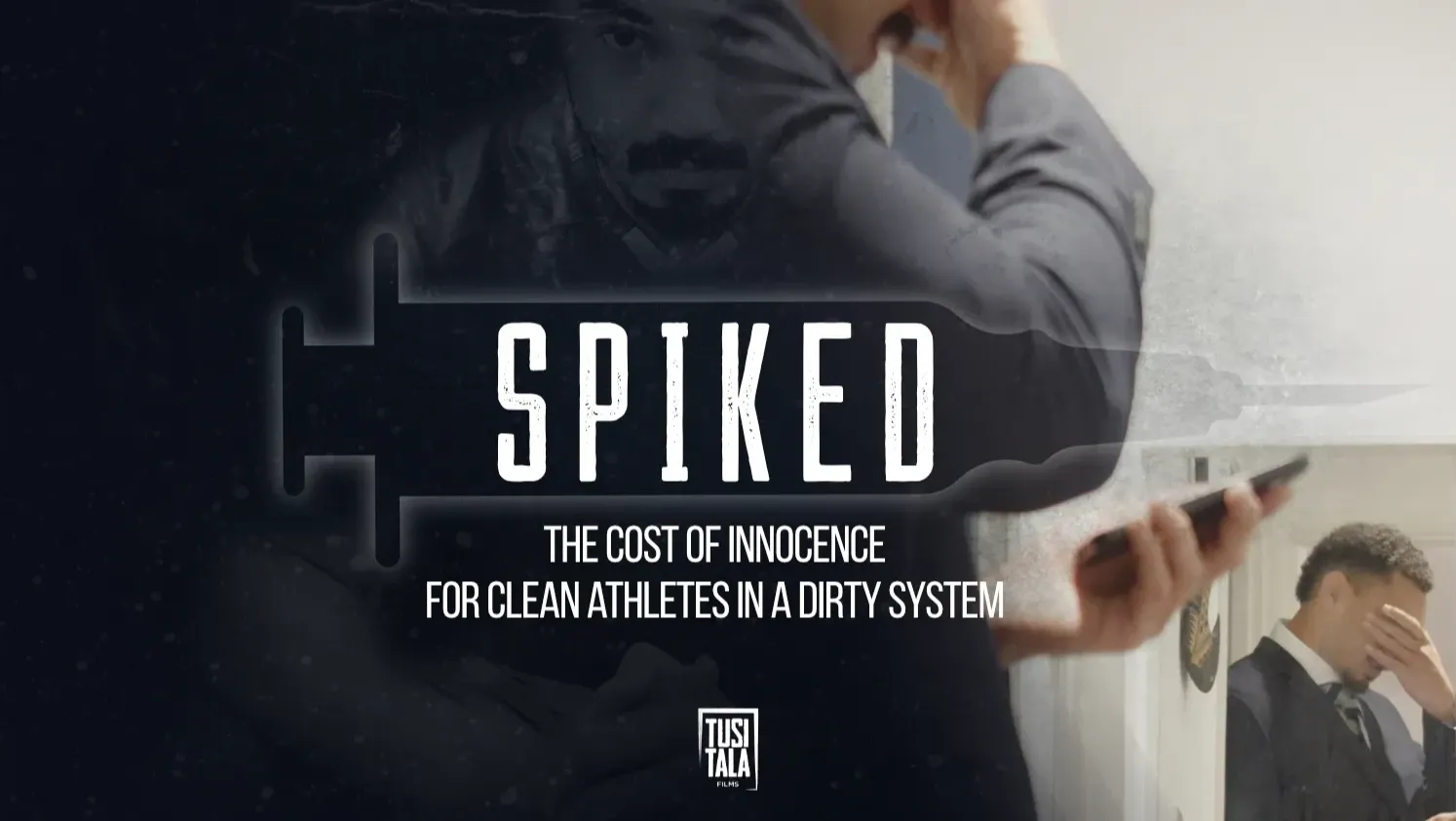 A man, Chris Vui, in a suit looks at his phones and hold his head. There is an overlay photo of him in rugby kit looking at the camera. The title "Spiked" sits inside an injecting seringe