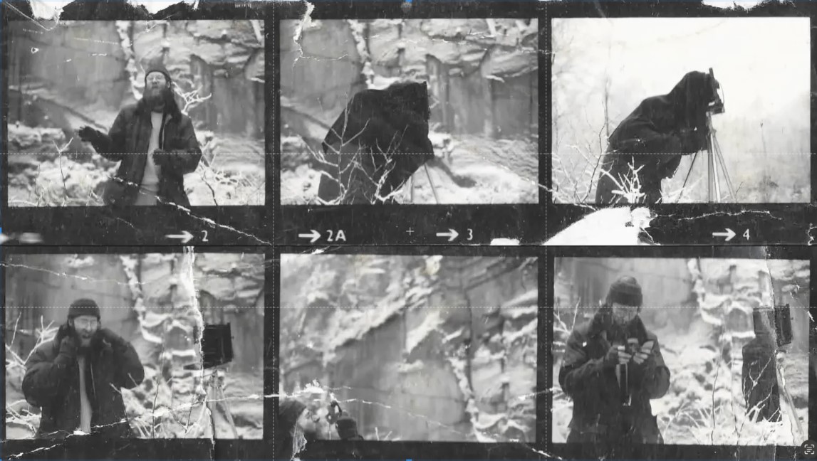 Contact sheet showing a photographer with a large format camera