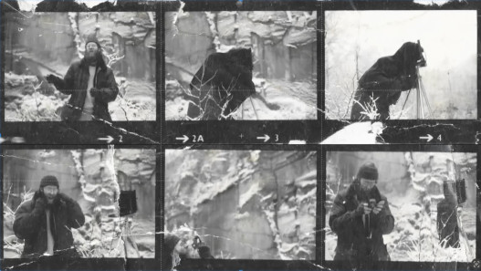 Contact sheet showing a photographer with a large format camera
