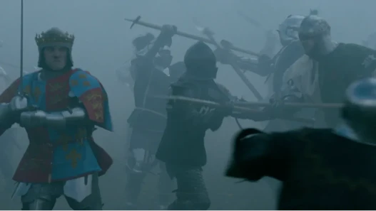 A screengrab from the film, it shows Prince Richard in battle against enemy Tudor soldiers.