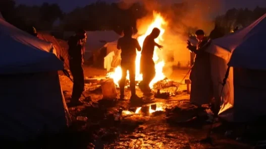 Refugees around a fire in the Calais Jungle