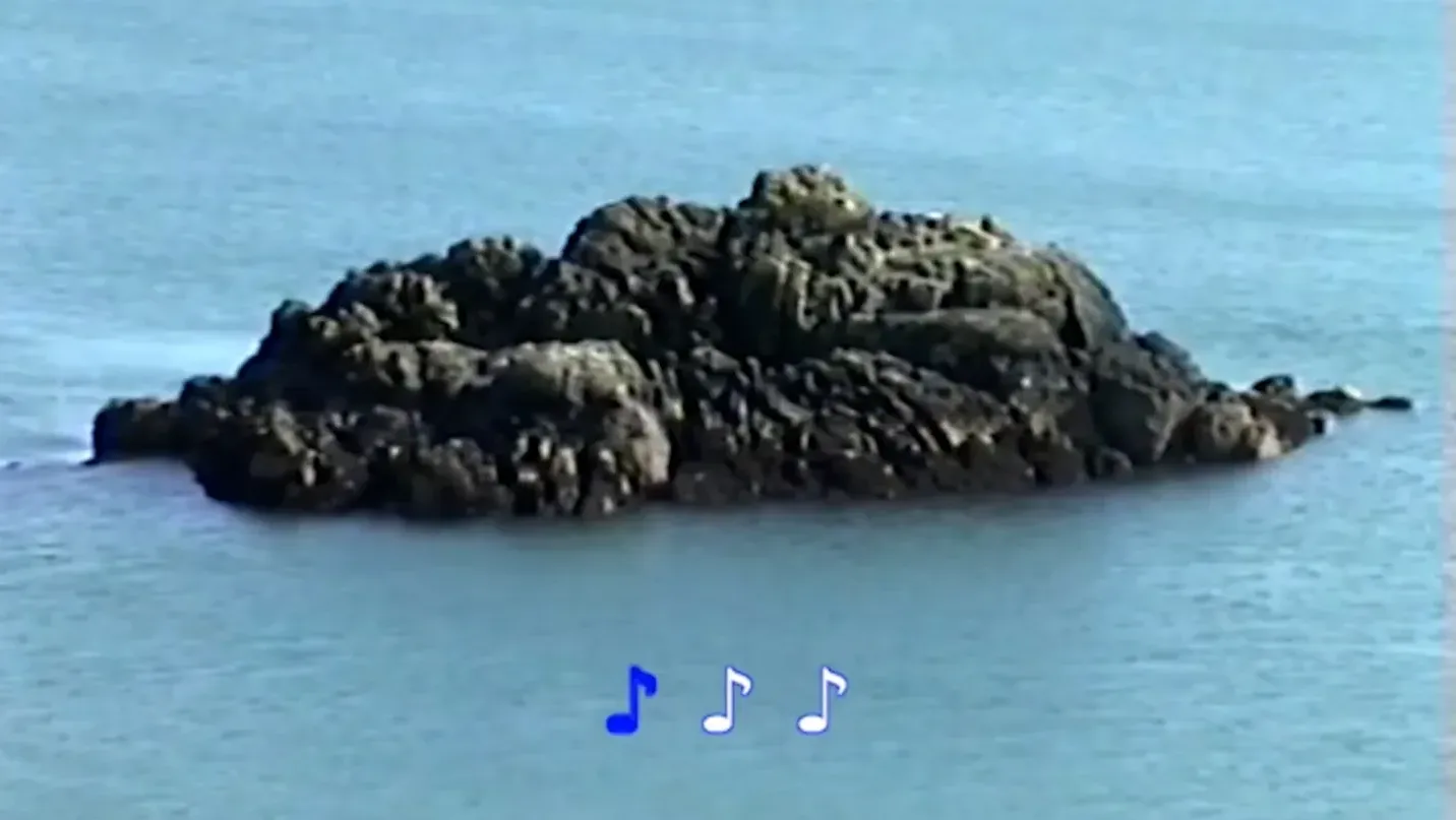 A rocky outcrop in the ocean, karaoke-style music notes in lower half of frame