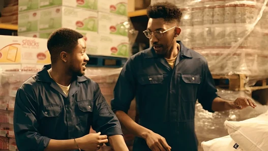 Two young Black men in workwear talking together in a warehouse.