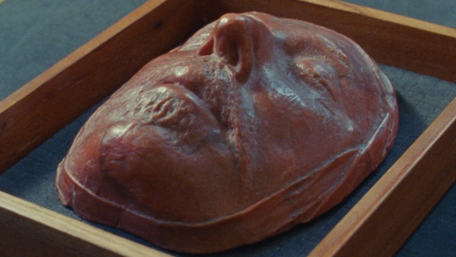 Oliver Cromwell death mask:  The death mask of Oliver Cromwell, from the British Museum collection, displayed in a rectangular wooden case.