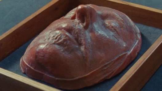 Oliver Cromwell death mask:  The death mask of Oliver Cromwell, from the British Museum collection, displayed in a rectangular wooden case.