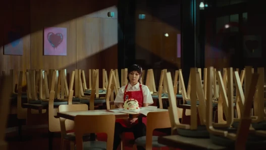 A woman in red apron sits alone at a table with a face-decorated cake, surrounded by empty stacked chairs