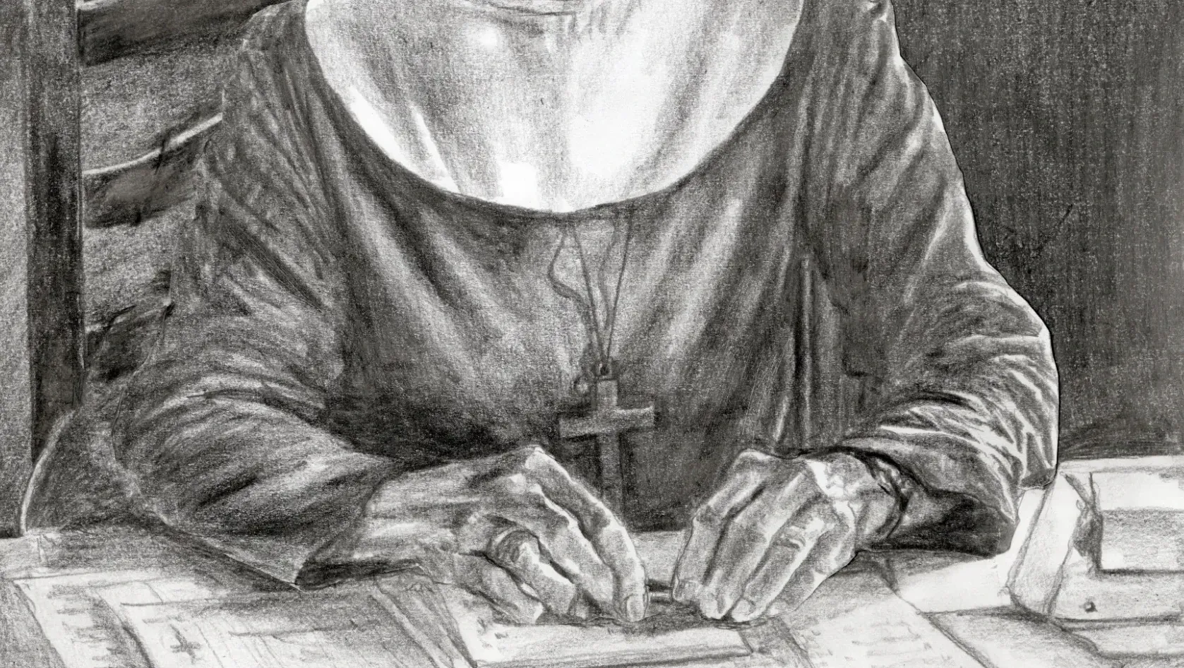 pencil drawing of a nun writing at a table