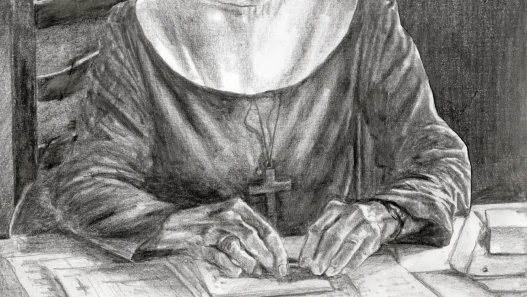 pencil drawing of a nun writing at a table