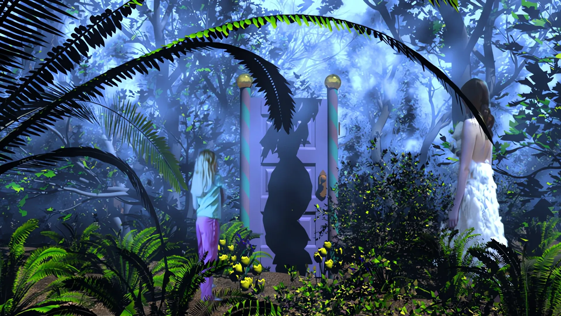 A blue computer-generated jungle with two figures among the plants