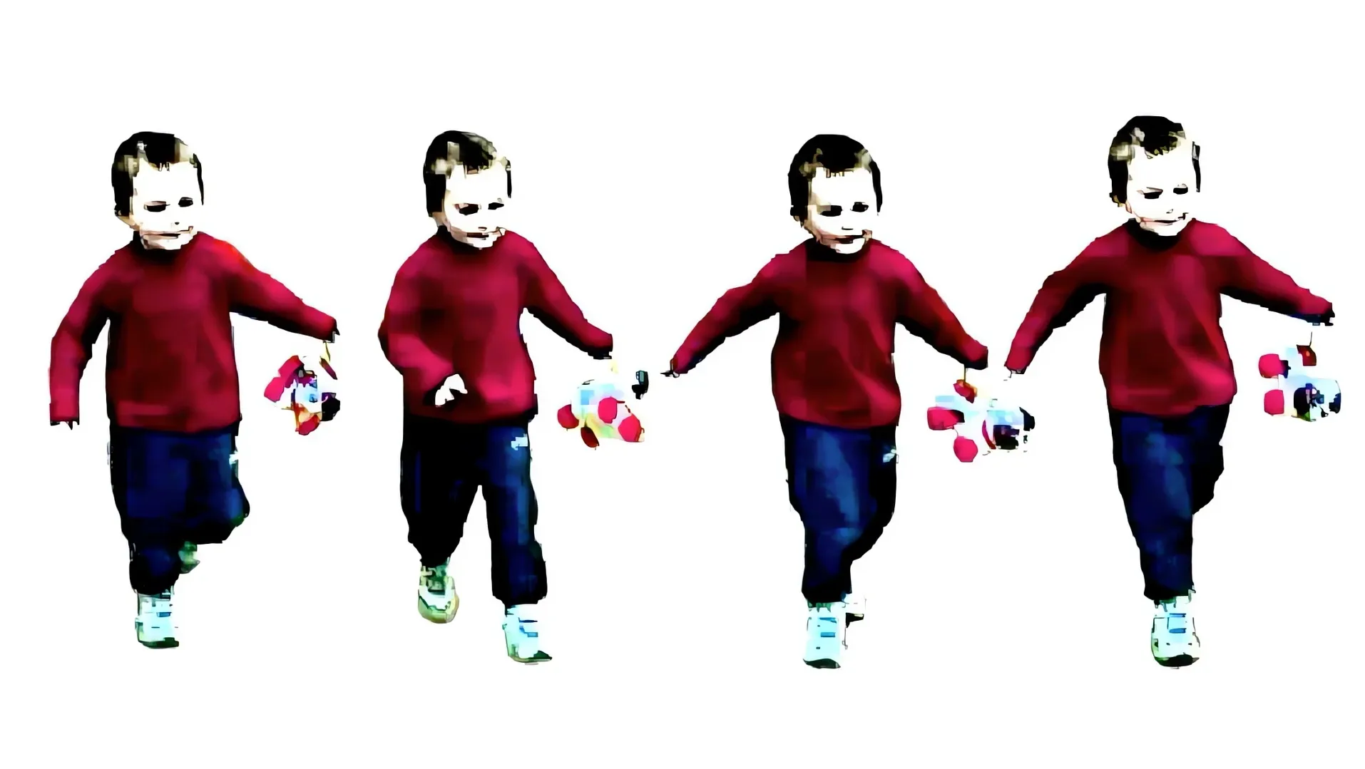 Four identical images of a running boy in a red jumper on white