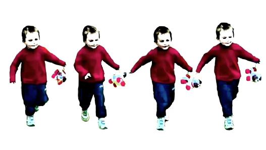 Four identical images of a running boy in a red jumper on white