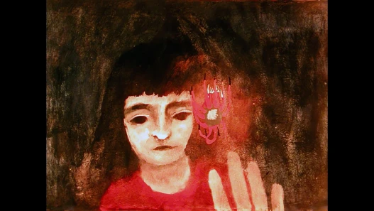 A painted girl with a fringe holding up her hand, in red tones