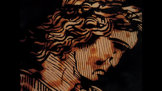 A face drawn in dense dark lines on a brown ground