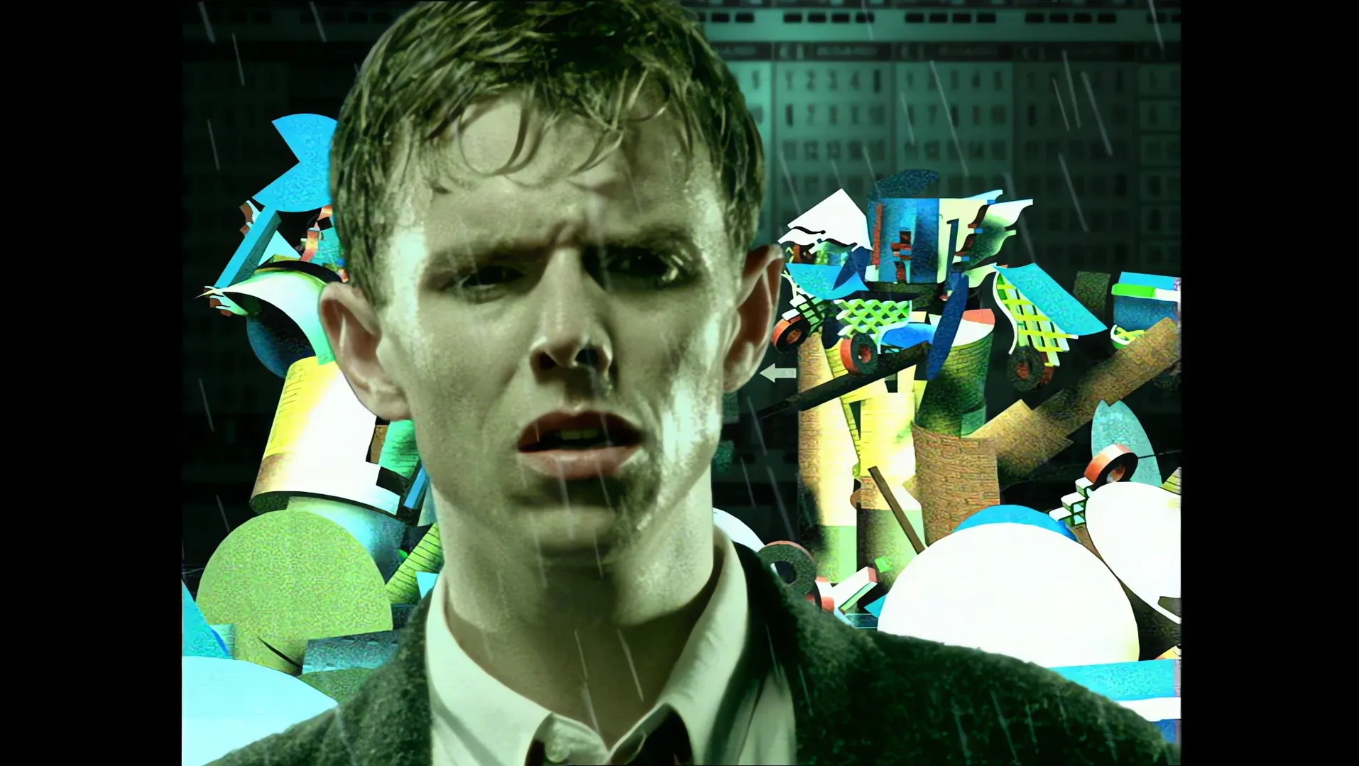 A worried young man in a suit in front of a fragmented computer-generated city