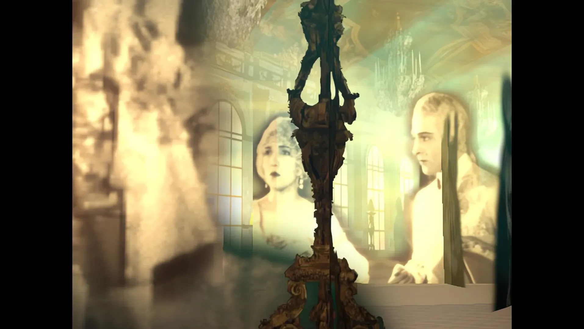 A sepia interior with a hanging object and two faces in the background