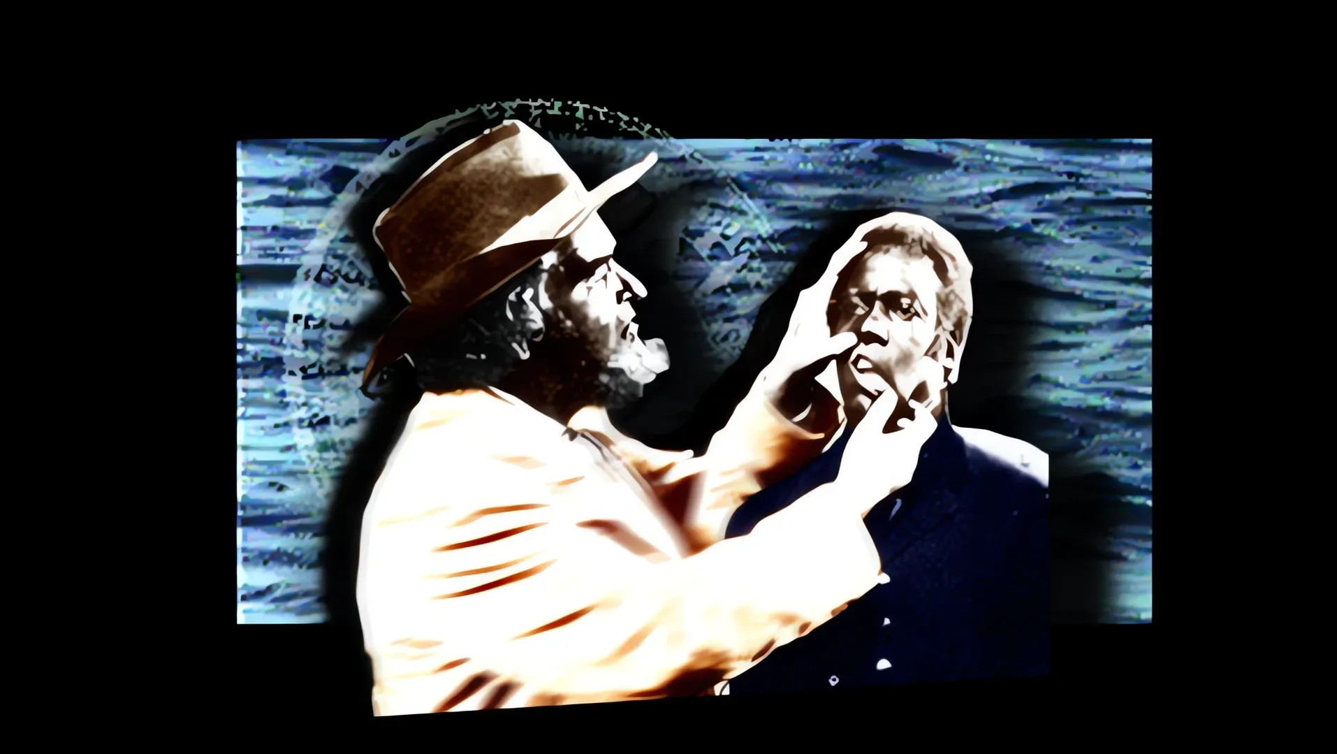 Collage of a man in a hat and another figure against a sea backdrop