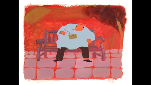 A painted figure sitting on a bench in a red and pink square