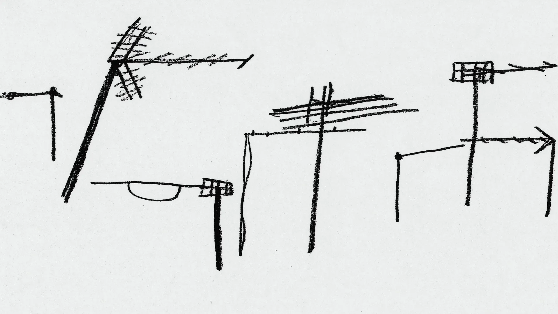 Sparse black pen lines of television aerials on white