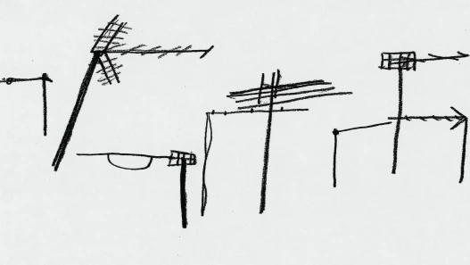 Sparse black pen lines of television aerials on white