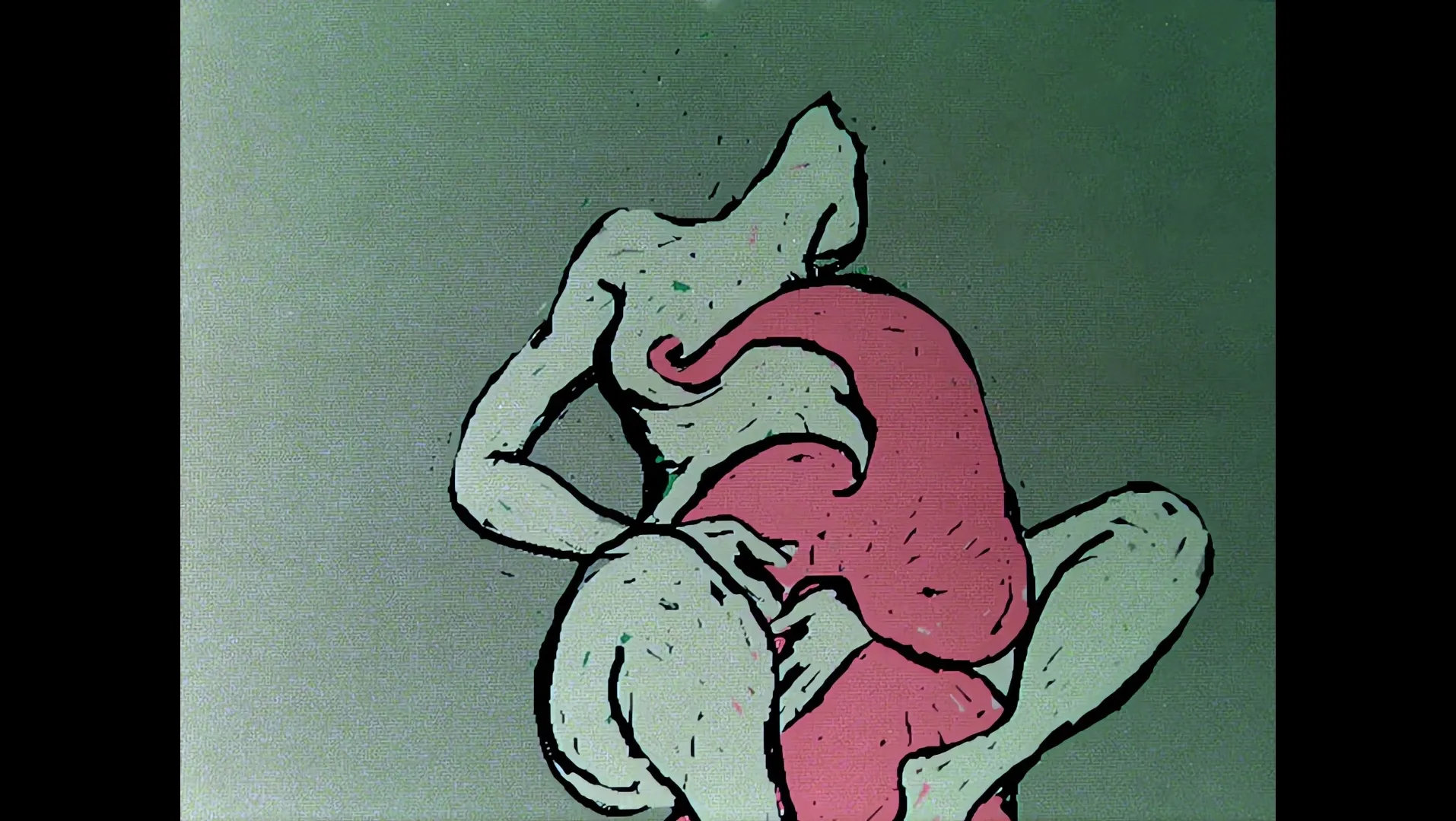 Two intertwined figures drawn in green and pink