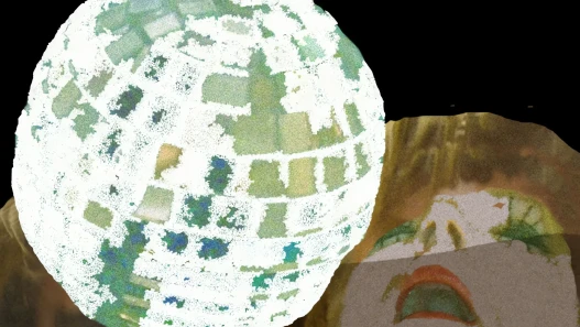A large patchwork sphere against a dark background