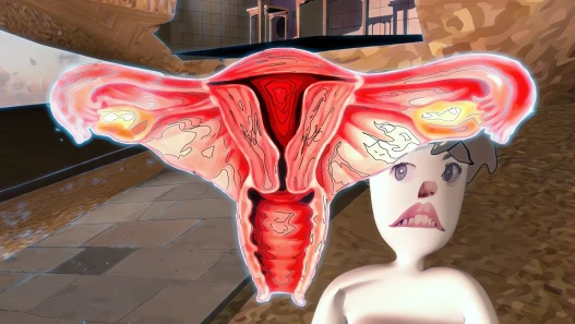 A drawn figure of a girl beside a large red anatomical diagram