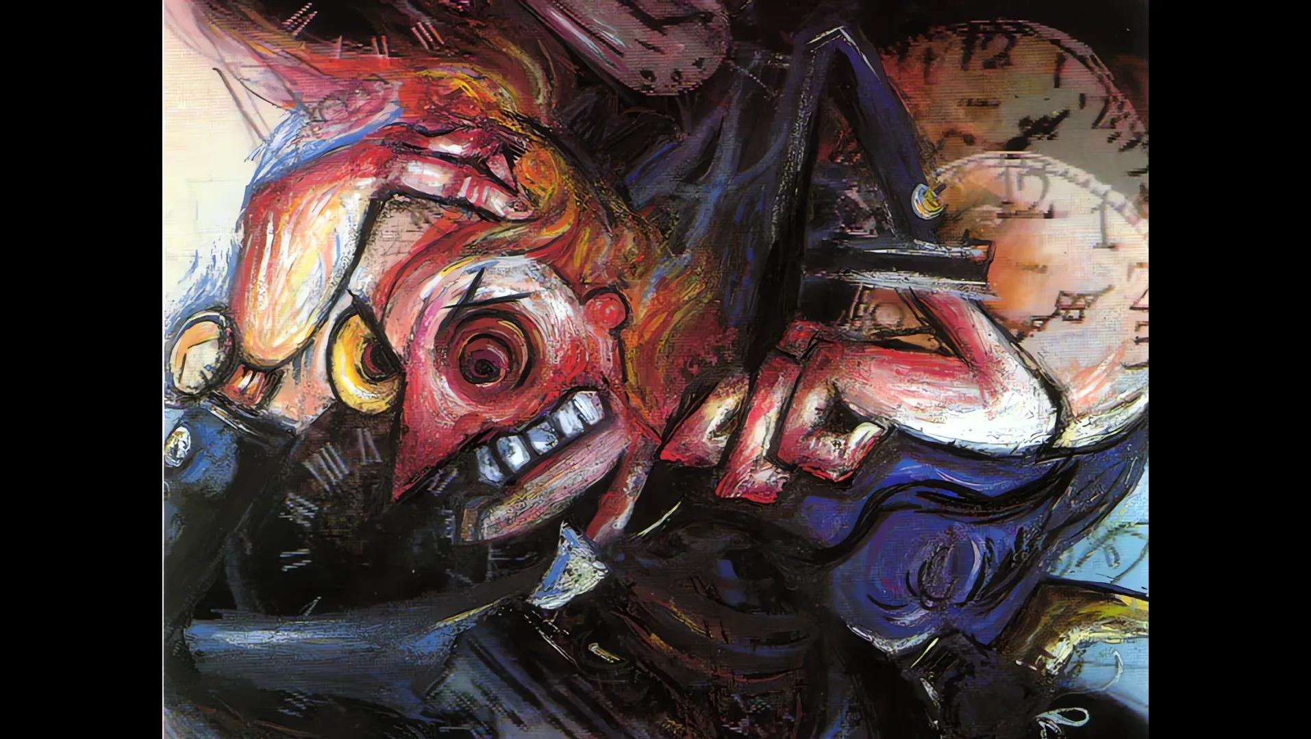 A dense painted face surrounded by clocks and machinery