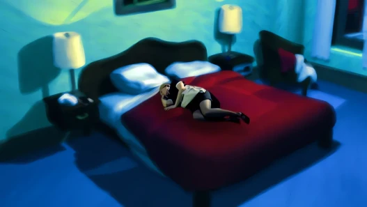 A figure lying on a red bed in a blue hotel room