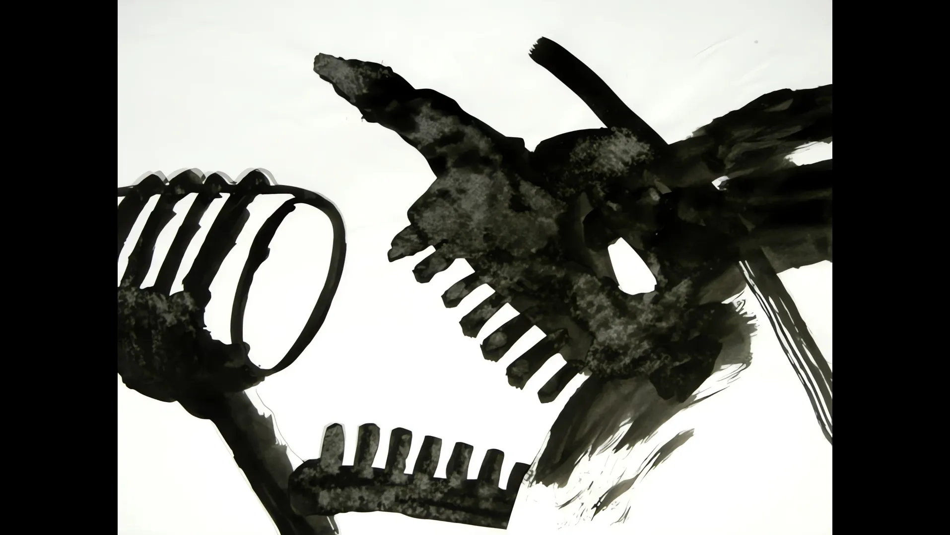 Black ink drawing of a jagged figure against a pale sky