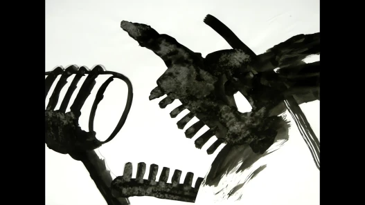 Black ink drawing of a jagged figure against a pale sky