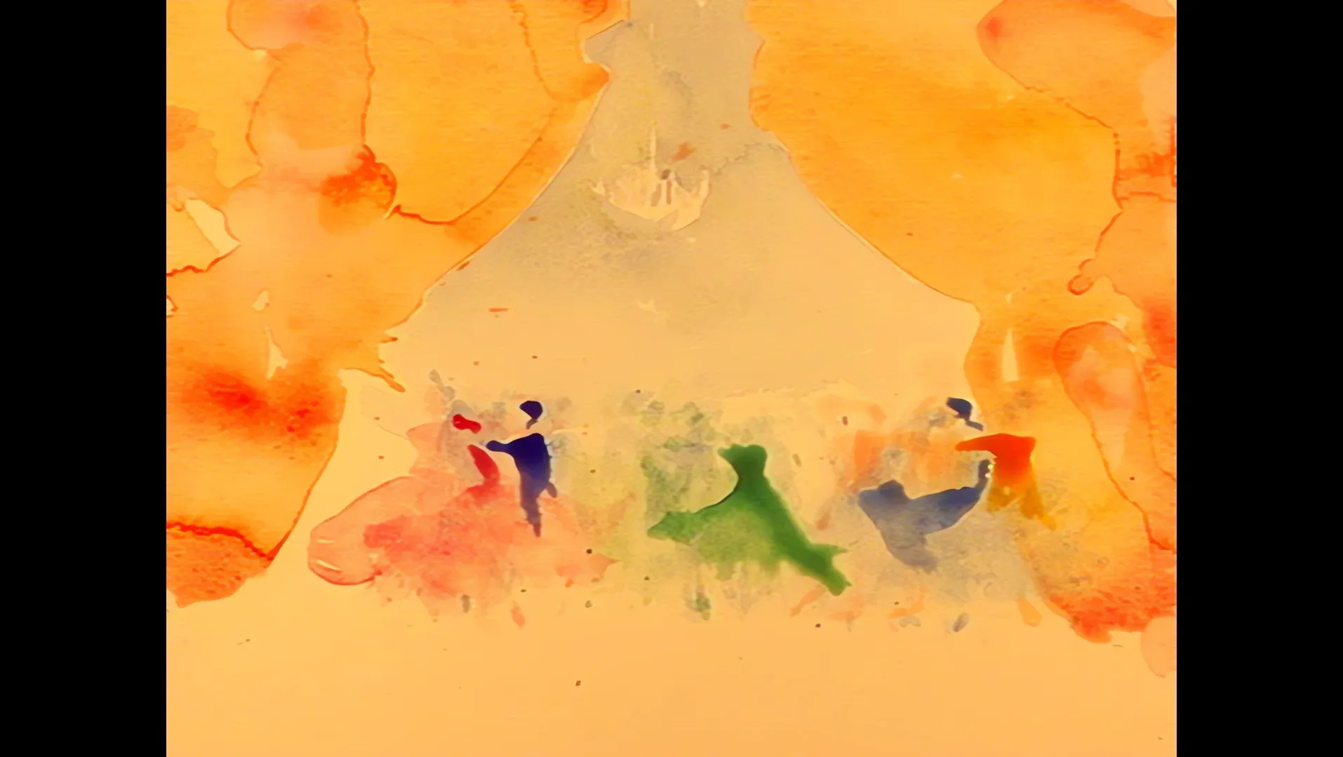 Small painted figures dancing on a field of orange and yellow watercolour