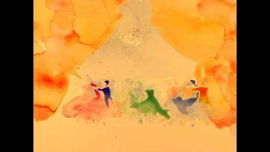 Small painted figures dancing on a field of orange and yellow watercolour