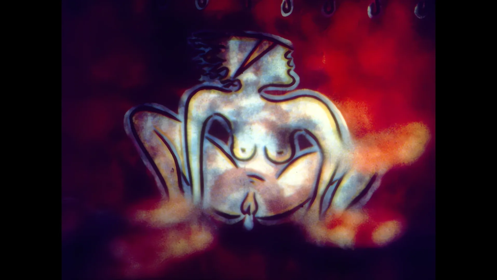 A glowing, colour-saturated painted figure on a dark red ground
