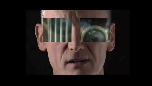 A man's face with his eyes replaced by panels of machinery