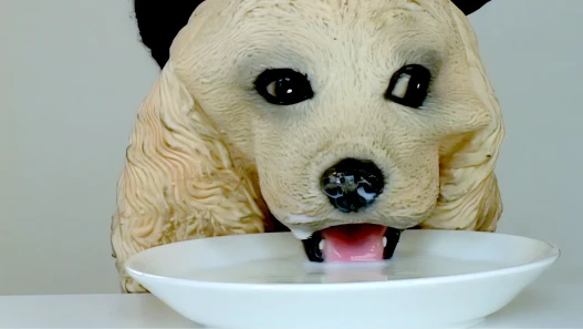 A ceramic dog's head drinking from a white plate